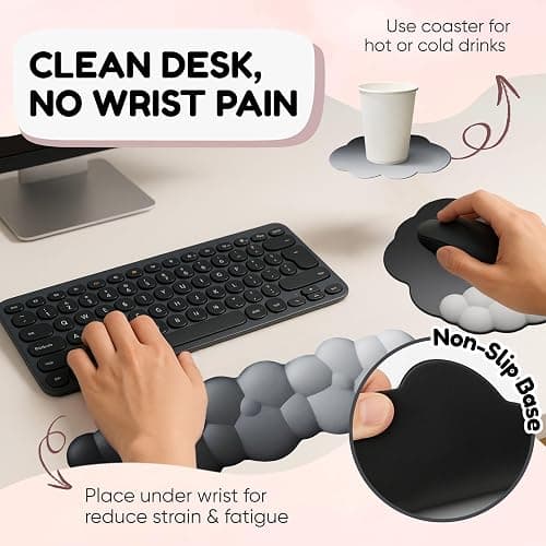 THONIV - Cloud Wrist Rest for Keyboard and Mouse, Soft Memory Foam Support with Non-Slip Base, Cute Cloud Design for Typing, Gaming, Office, Bonus Coaster Included for Desk Aesthetic (Black Gradient) thumbnail 4