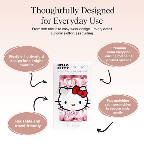 Hello Kitty x Kitsch Satin Heatless Hair Curler Set - Heatless Curls Overnight, Hair Rollers for Soft Curls & Frizz-Free Styling, No Heat Curlers To Sleep in, Curling Rod Headband - Pink Kitty Faces thumbnail 4
