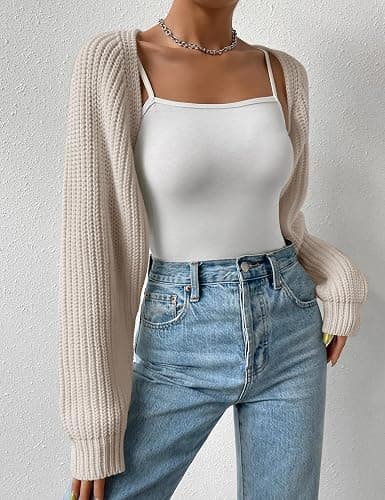 SECRETEYARD Women's Long Sleeve Open Front Knitted Crop Cardigan Drop Shoulder Knit Bolero Shrug Sweater thumbnail 3