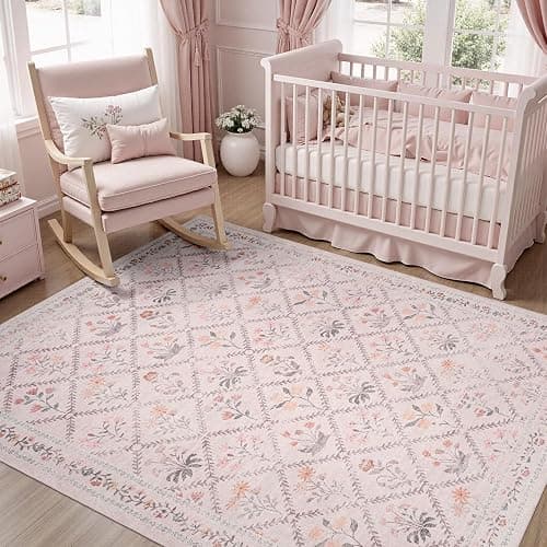 DCX Washable 5x7 Pink Floral Rug for Girls Bedroom, Soft Cottagecore Rug for Baby Girl Nursery, Non Slip Low Pile, Kid & Pet Friendly Vintage Botanical Carpet thumbnail 2