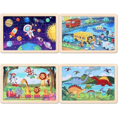 Wooden Educational Jigsaw Puzzles for Preschool Kids Ages 3-5, 4-Pack with 20 Pieces Dinosaur, Space, Transportation Wood Puzzles Set, Toddler Brain Teaser Toys, Gifts for Boys Girls Ages 3 4 5 6 thumbnail 5