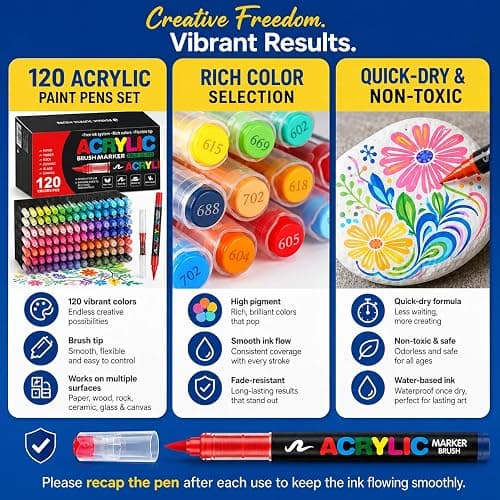 Amamao 120 Colors Acrylic Paint Markers, Soft Brush Tip Pens and Markers, Acrylic Paint Pens for Wood, Stone, Canvas, Glass, Fabric, Egg, Rock Painting and DIY Crafts Art Supplies thumbnail 6