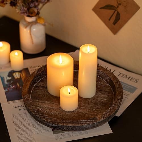 Hanobe Candle Plate Holder Tray: Round Wood Decorative Candle Plate - Rustic Farmhouse CoffeeTable Decor - Tealight Pillar Trays for Home Decor (Distressed) thumbnail 4