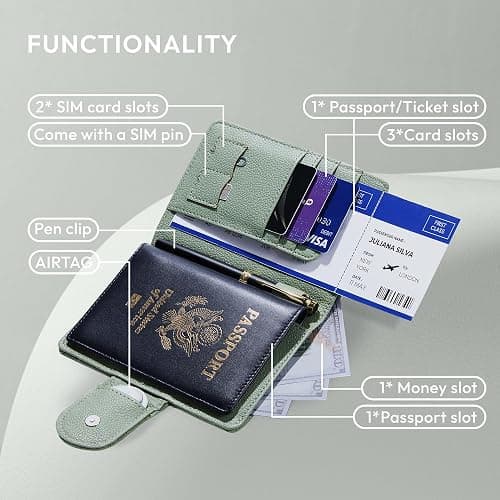 Passport Holder for Travel RFID Passport Holder with Airtag Compact Leather Passport Cover Case with Card Holders SIM Slots Passport Wallet for Women Men Airport Essentials Gift thumbnail 3