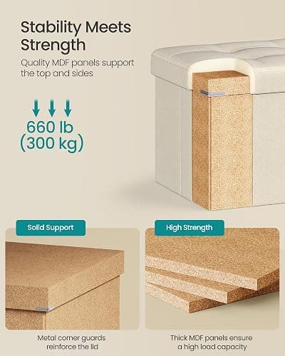 SONGMICS MAZIE Collection - 43 Inches Folding Storage Ottoman Bench, Ottoman Foot Rest, End of Bed Bench, Storage Chest, Load 660 lb, for Living Room, Bedroom, Entryway, Cream White ULSF77BE - Cream White - 15"D x 43"W x 15"H thumbnail 4