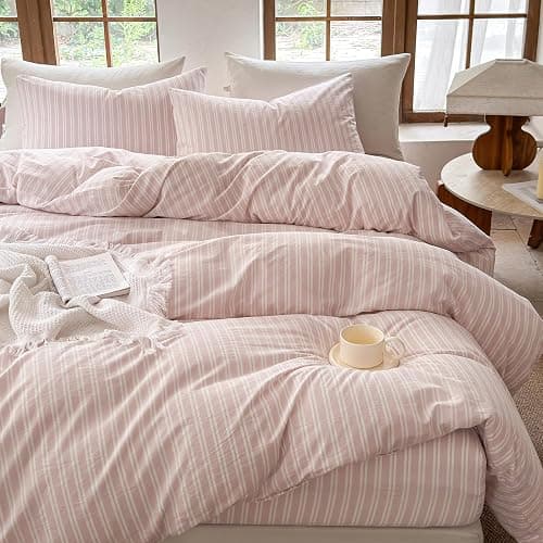BESTDESIL Striped Duvet Cover Set,100% Washed Cotton Linen Like Comforter Cover,Breathable,Durable,Comfy(Strip-Greyish Pink/White,Queen Size) thumbnail 6