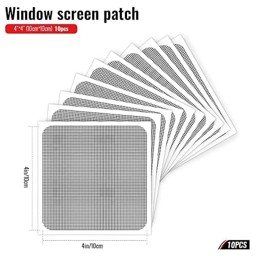 Matenf Window Screen Repair Patch, 10 Patches, 4"x 4"(10cm x 10cm), Black, 3-Layer Strong Adhesive Window Screen Mesh Tape, Repair Kit for Window and Door Screen Tears Holes thumbnail 2
