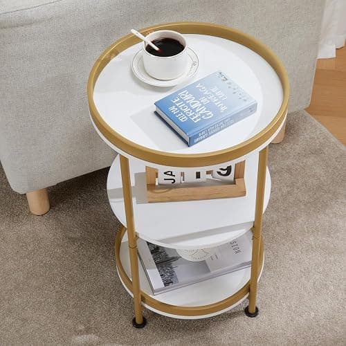 YEAKOO Nordic End Table, 3-Tier Round Side Table with Storage Shelf Edge Protection Tray, Sturdy Metal Frame Coffee Table Bedside Table for Living Room Bedroom Small Spaces (White & Gold) thumbnail 7