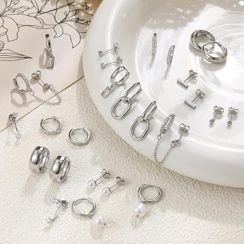 BESTEEL 13 Pairs Small Stud Hoop Earrings Set for Women Hypoallergenic Gold Plated Huggie Hoops Pearl Dainty Lightweight Earrings for Gift thumbnail 6