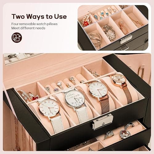 Homde Synthetic Leather Huge Jewelry Box Mirrored Watch Organizer Necklace Ring Earring Storage Lockable Gift Case (Black) thumbnail 5