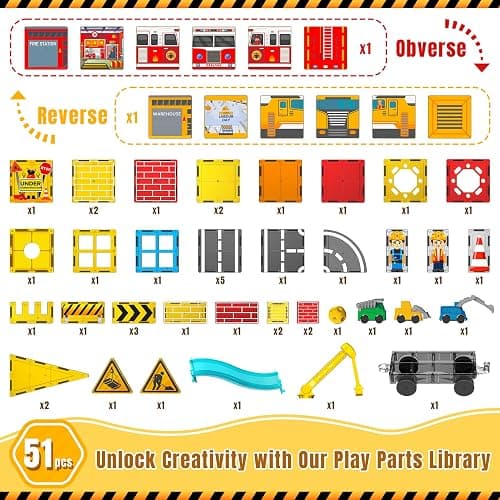 SKTMYY Magnetic Tiles Construction Toys with Road & Crane & Marble Run, Double-Sided Fire Station & Building Magnet Tiles for Kids Ages 4-8, STEM Magnetic Blocks Gifts for 3 4 5 6 7 8 Year Old Boys thumbnail 5