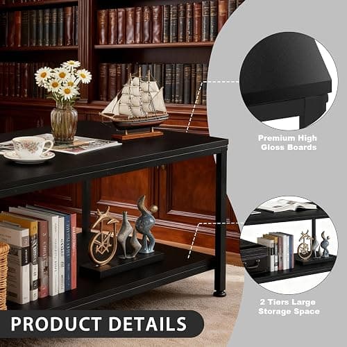 SUPER DEAL 2-Tier Coffee Table with Storage Shelf for Small Apartment Living Room, Rectangle Wood and Stable Metal TV Stand Side End Table, Black thumbnail 5