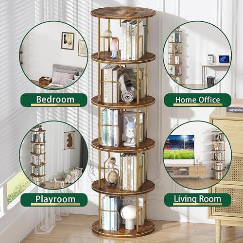 5Tier Rotating Bookshelf, 360 ° Display Stackable Spinning Bookshelf Tower,Round Space Saving Tall Floor Standing Swivel Bookcase Corner Storage Organizer for Bedroom/Living Room/Office，Gold thumbnail 5