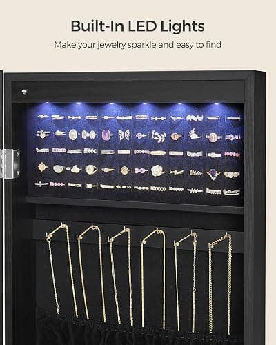 SONGMICS Hanging Jewelry Cabinet, Wall-Mounted Cabinet with LED Interior Lights, Door-Mounted Jewelry Organizer, Full-Length Mirror, Christmas Gift Idea, Ink Black UJJC099B01 thumbnail 6