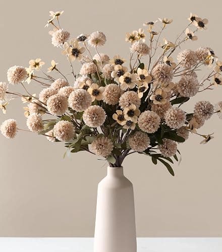HyeFlora Fake Kiku Flowers, Faux Silk Pompon Mums Artificial Flowers, Chrysanthemum Stems Floral Arrangement Dried Flowers Vintage Decorative Indoor Home Decor Beige with Wax (Vase not Included) - Image 1