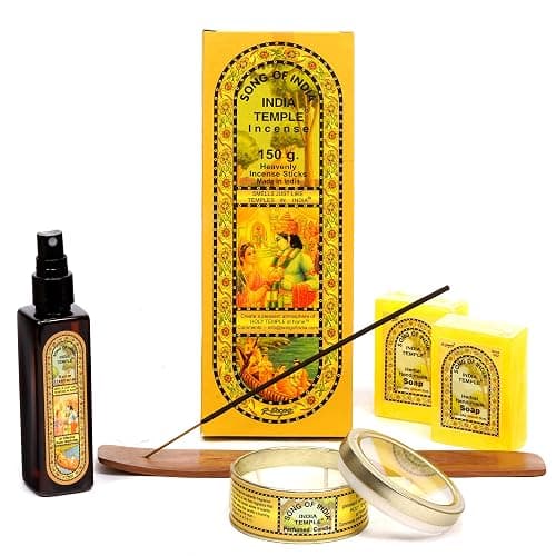 Song of India - India Temple Gift Set #14, India Temple Incense, Perfumed Candle, Wood Incense Burner, Room Freshner, and 2 Herbal Hand Made soap - Image 1