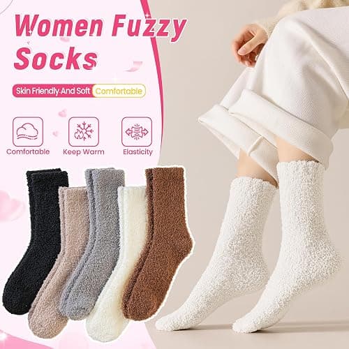 Fuzzy Socks for Womens Warm Fluffy Winter Cozy Thick Plush Slipper Sleep Comfy Crew Christmas Socks 5 Pairs thumbnail 3