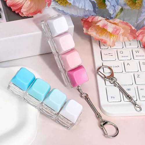 2 PCS Keyboard Fidget Toy, 4-in-1 Keyboard Button Clicker Keychain, Push Bubble Sensory Fidget Toys for Kids Adults to Relief Pass Time (Blue Pink White) thumbnail 2