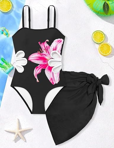 TALLWH Girls Swimsuit Adjustable Straps Cut Out One Piece Bathing Suit with Solid Color Cover Up Skirt Girls' Swimwear 5-16Y thumbnail 5