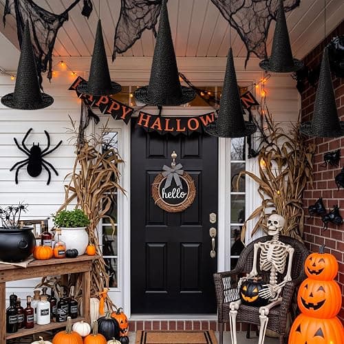 Beeveer 3 Pcs Halloween Rattan Witch Hat Decor, 14/12.2/10.2 Inch Handcrafted Black Rope Wizard Hats, 3D Rustic Farmhouse Spooky Decorations for Home Fireplace Door Table thumbnail 6