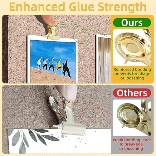 Golden Push Pins Clips (30 Pcs), Upgraded Thumb Tacks with Metal Clips for Cork Board, Bulletin Board Photos Notes Documents, No Hole Paper Clips Durable Office and School Supplies with Stronger Glue thumbnail 4