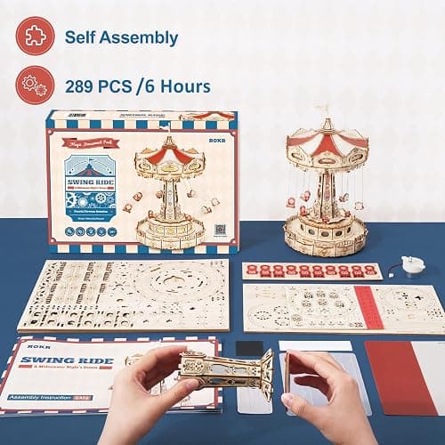 ROKR 3D Puzzles Wooden Music Box Kit with LED, Rotating Swing Ride Mechanical Model Kit DIY Wood Craft Hobbies Kit for Adults Birthday for Adults thumbnail 6