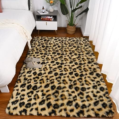 Amearea Fluffy Leopard Rug, Premium Cheetah Print Rugs, Soft Comfy Faux Fur Animal Print Carpet for Kids Room Bedroom, Living Room, Shaggy Teen Room Home Decor, Khaki 3x5 Feet thumbnail 5