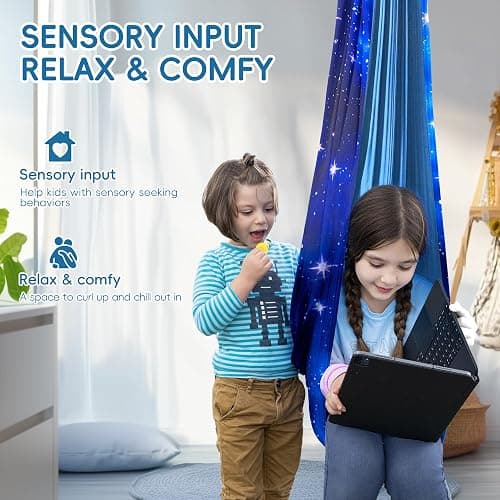 OUTREE Sensory Swing for Kids, Double Layer Therapy Hammock, Indoor Swing with 360° Swivel Hanger Kit and Adjustable Straps, Autism Sensory Product for Autism, ADHD (Blue Starry-Sky Printed) thumbnail 4