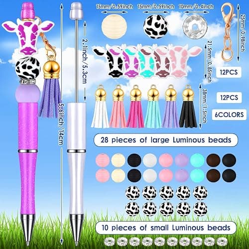 Tinlade 12 Pieces Beadable Pens Bulk with 50 Pcs Assorted Colors Beads Pens DIY Making Kit Multicolor Ballpoint Black Ink for Women Kids Students Office School(Cow Style) thumbnail 4