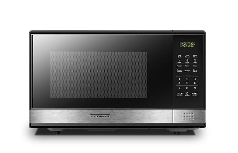 BLACK+DECKER EM031MB11 Digital Microwave Oven with Turntable Push-Button Door, Child Safety Lock, 1000W, 1.1cu.ft, Black & Stainless Steel, 1.1 Cu.ft - Image 1
