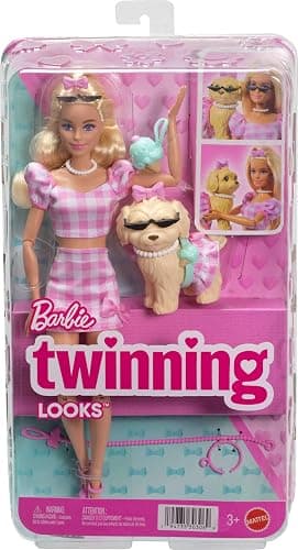 Barbie Twinning Looks Doll with Pet Dog in Matching Pink Gingham Clothes and Accessories for Both Like Sunglasses, Necklaces and Bows, Blonde thumbnail 6