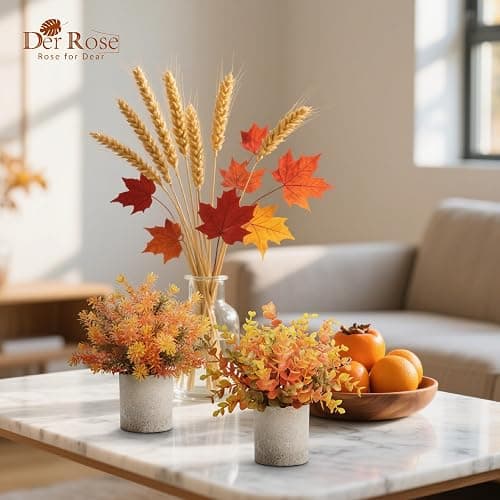 Der Rose 3 Pack Fake Plants Warm Orange Faux Plants for Fall Table Decor | Orange maple-toned eucalyptus, lightweight and compact, maintenance-free, autumn accents for shelf kitchen bedroom entryway thumbnail 4