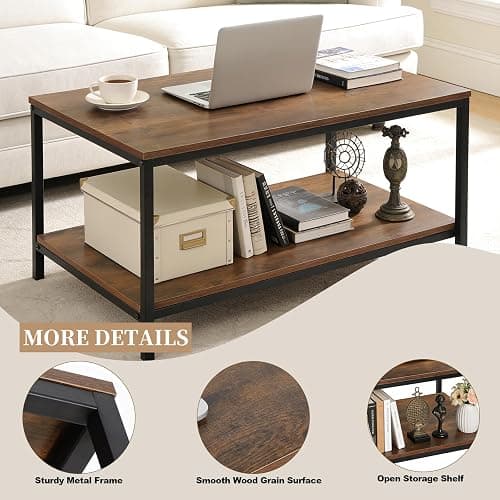 SUPER DEAL 2-Tier Industrial Coffee Table with Storage Shelf for Small Apartment Living Room, Rectangle Wood and Stable Metal TV Stand Side End Table, Rustic Brown thumbnail 4