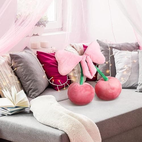 Beeveer Bow Pillow Cherry Throw Pillow Aesthetic Cute Coquette Room Decor Funny Preppy Cherry Cushions for Bedroom Living Room Sofa Bed Chair Decoration (Pink,Small) thumbnail 7
