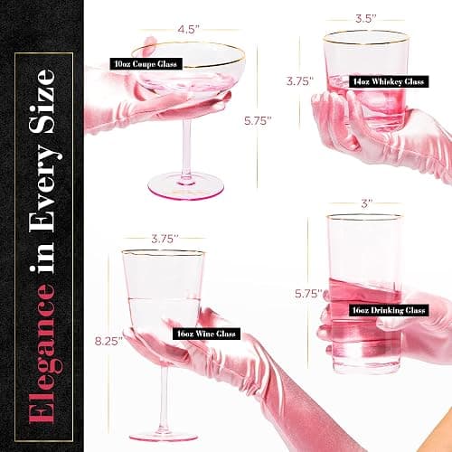 Dragon Glassware x Marilyn Monroe Pink Drinkware Set of 4 - Includes Wine, Martini, Whiskey & Drinking Glasses - Marilyn Monroe Gifts for Women - Pink Glassware Set thumbnail 2