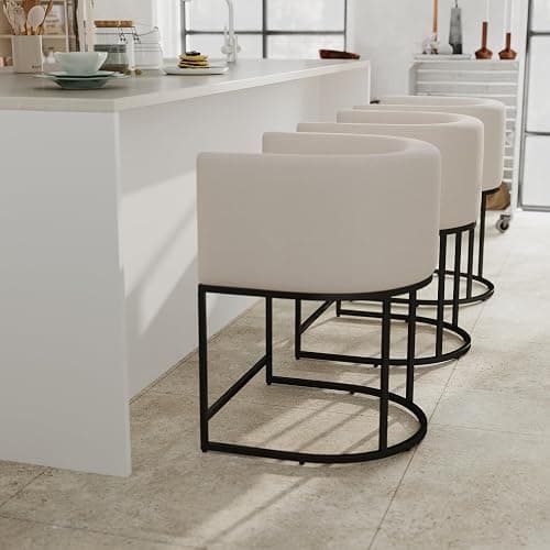 RIVOVA Contemporary Cream Linen Bar Stools Set of 3, 24" Upholstered Fabric Counter Height Barstools Kitchen Counter Island Stools with Screwed Together Black Metal Base - Image 1