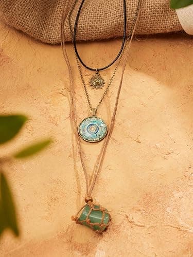 MINACHI Bohemian Retro Style Multi Layer Necklace, Green Crystal Sun and Floral Pendant, Ethnic Jewelry for Women thumbnail 5