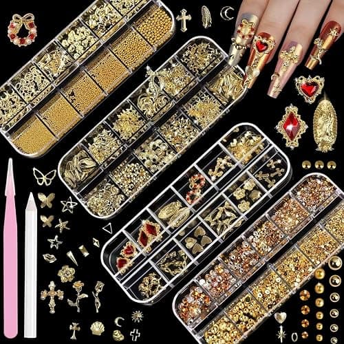 Tastetreasure 3D Gold Nagel Charms Set – Über 3000 Stk. Strasssteine, Perlen, Schleifen, Blumen, Muscheln & Kreuze für Nageldesign, inkl. Pinzette & Picker Werkzeuge - Image 1