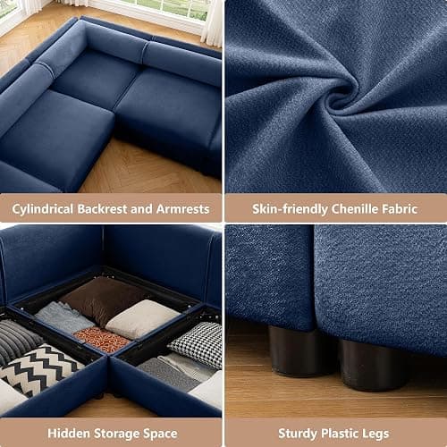 HUMEHA Oversized Modular Sectional Sofa, 142.5" Chenille U-Shaped Sofa with Cylindrical Backrest & Armrest, Modern Comfy 4-Seat Sofa with 2 Ottoman, Upholstered Deep Seat Couch for Living Room, Blue - 4-Seat + 2 Ottoman - Blue thumbnail 3