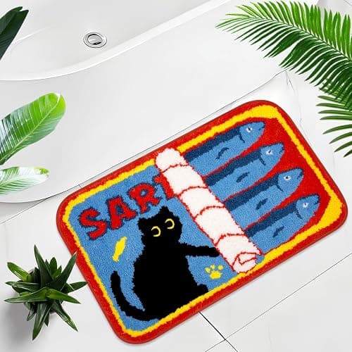 NIGOWAYS Black Cat Bath Rugs for Bathroom,Sardine Can Bath Rug | Funny Non-Slip Blue Mat with Quirky Design Rugs for Bathroom Shower Bedroom,30x18 Inch - Image 1