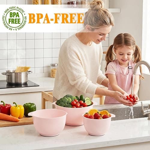 BoxedHome Nesting Plastic Mixing Bowl Set, 4 Piece Mixing Bowl Set with Pour Spouts, Size 1.7, 2.5, 3.5 and 4.5qt, for Prepping, Mixing, Baking, Cooking(2023 New Version, Pink) thumbnail 2