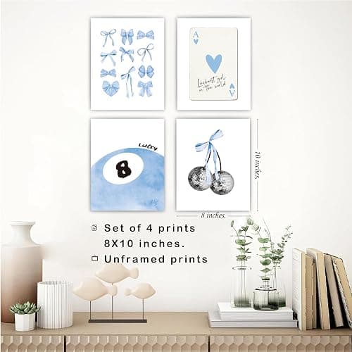 okaxscm Light Blue Coquette Trendy Preppy Wall Art Prints Set of 4, Coquette Preppy Room Decor, Blue Bow Disco 8 Ball Cherry Wall Decor Posters for Girls Bedroom Dorm, 8x10 Unframed - 8x10 - blue-2 thumbnail 3