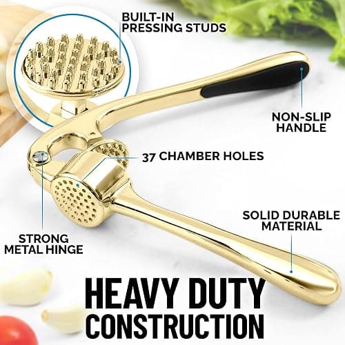 Zulay Kitchen Premium Garlic Press with Soft, Easy to Squeeze Handle - Includes Silicone Garlic Peeler & Cleaning Brush - 3 Piece Garlic Mincer Tool - Sturdy Easy to Clean Garlic Crusher (Gold) thumbnail 8