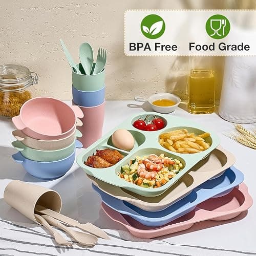 Hlukana 24 Pcs Wheat Straw Dinnerware Cutlery Set, Unbreakable Tableware Set, Including Kids Toddlers Divided Plates, Bowls, Cup, Cutlery Spoons Knifes Forks, BPA Free, Microwave Dishwasher Safe thumbnail 4