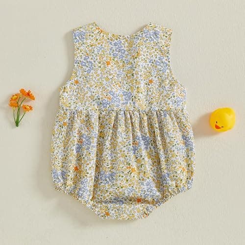Xnqiwq Baby Girl Floral Bubble Romper with Duck Embroidery Sleeveless Smocked Bodysuit Farm Animal Summer Outfit thumbnail 7