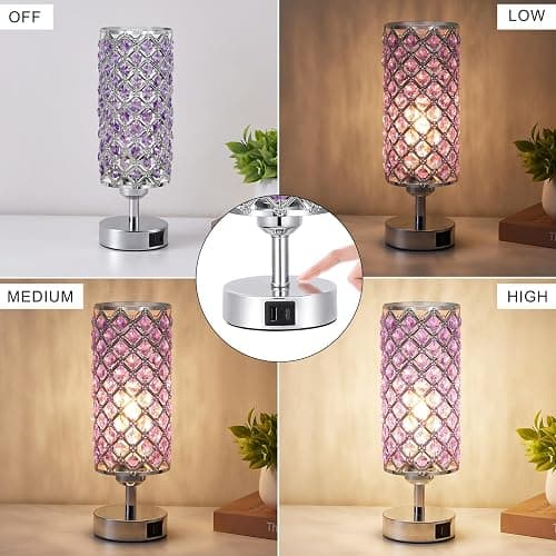 Hong-in Purple Lamp for Girls Room-Crystal Touch Lamp with USB-C+A Ports,3 Way Dimmable Bedside Light with Crystal Shade for Bedroom Home Office thumbnail 3