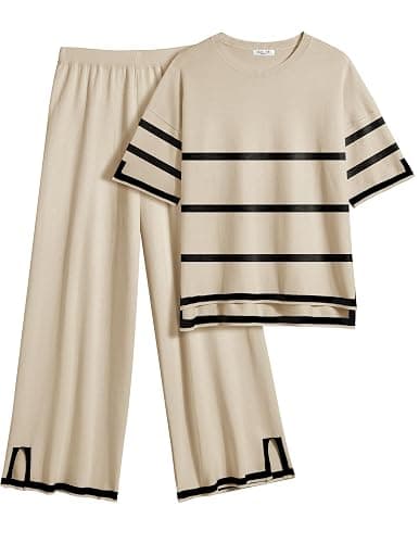 Ekouaer Lounge Set for Women Travel Outfits 2 Piece Sets Short Sleeve Sweater Top Wide Leg Long Pants Loungewear - Image 1