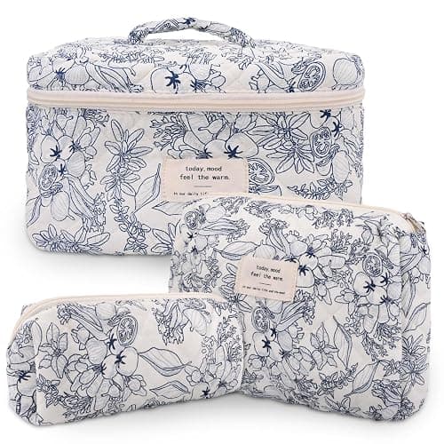 GISMTR 3Pcs Cotton Quilted Makeup Bag Large Travel Cosmetic Bag Coquette Makeup Pouch Cute Aesthetic Floral Toiletry Bag for Women Girls (flower-D) - Image 1