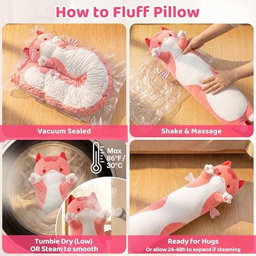 Mewaii Kids Body Pillow Pink Long Cat Plush 20 in, Extra Filling Soft Cute | Ultra-Soft Stretch Fabric, Huggable Cat Plush, For Bedtime, Sofa Back Cushion, Cute Kawaii Cat Design, Gift for Kids & Girls thumbnail 7