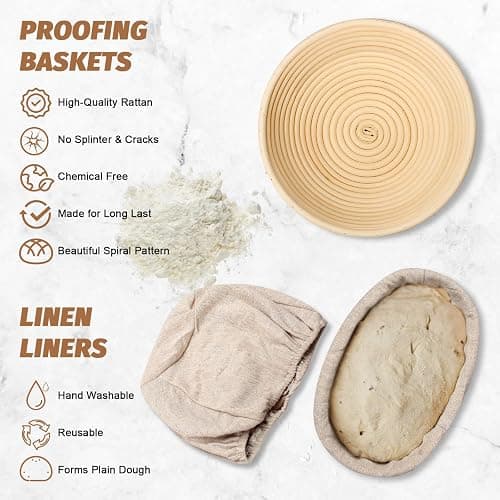 Sourdough Proofing Basket Gift Set, 9" Round and 10" Oval Banneton Bread Baking Supplies, Sourdough Baskets with Bread Lame, Danish Whish, Bowl Scraper, Sourdough Scraper, and Linen Liners thumbnail 3